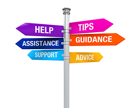 Signpost with help, assistance, support, tips, guidance, and advice signs